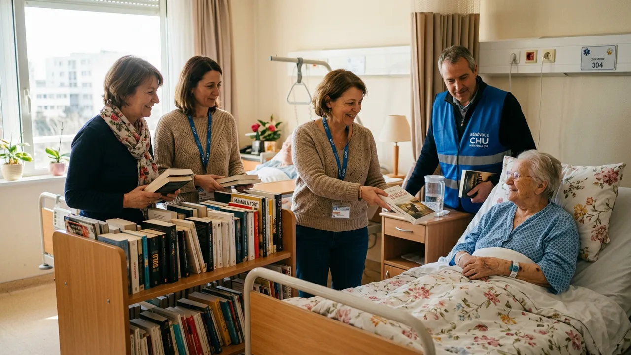 Bénévoles de l'association apportant des livres au chevet d'un patient à Montpellier