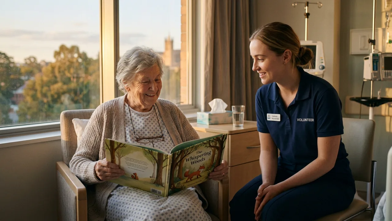 Patient âgé partageant un moment de lecture réconfortant avec un bénévole hospitalier