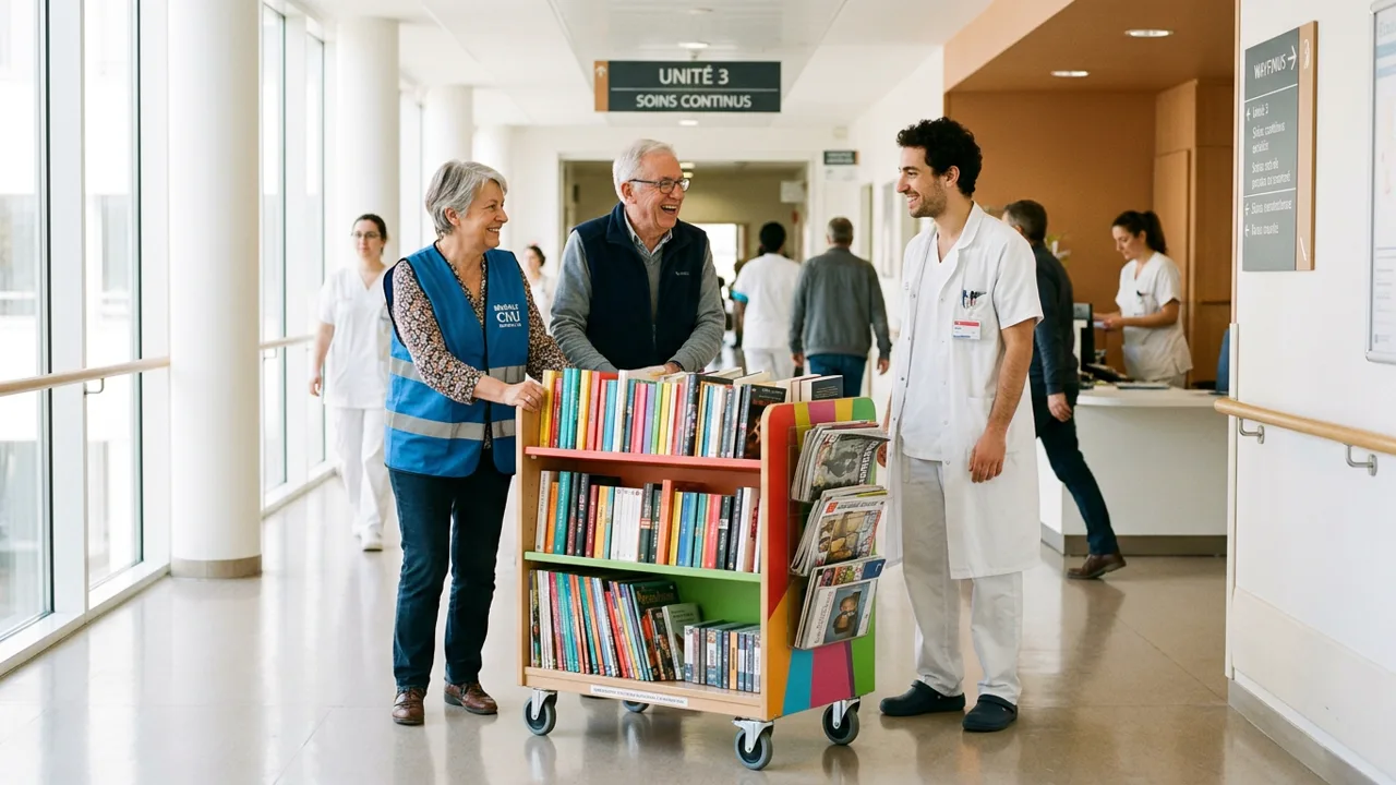 Tournée hebdomadaire du chariot de lecture dans les couloirs du CHU de Montpellier